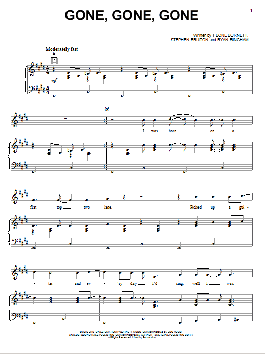 Colin Farrell Gone, Gone, Gone Sheet Music Notes & Chords for Piano, Vocal & Guitar (Right-Hand Melody) - Download or Print PDF