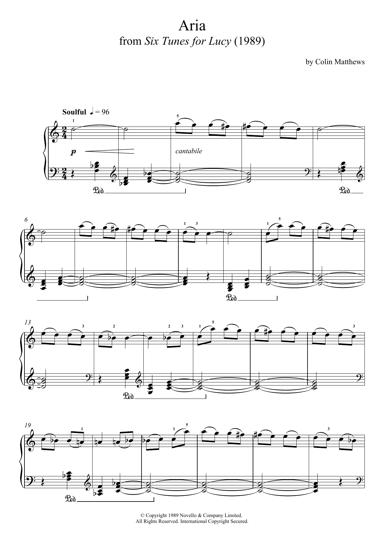 Colin Matthews Aria (From Six Tunes For Lucy) Sheet Music Notes & Chords for Piano - Download or Print PDF