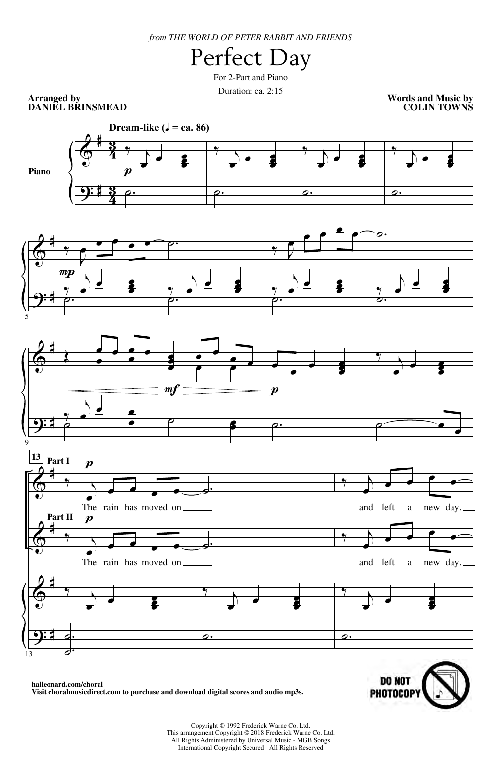 Colin Towns Perfect Day (Theme From The World Of Peter Rabbit And Friends) (arr. Daniel Brinsmead) Sheet Music Notes & Chords for 2-Part Choir - Download or Print PDF
