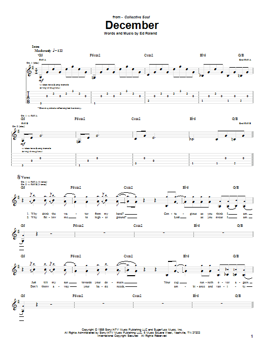 Collective Soul December Sheet Music Notes & Chords for Guitar Tab - Download or Print PDF