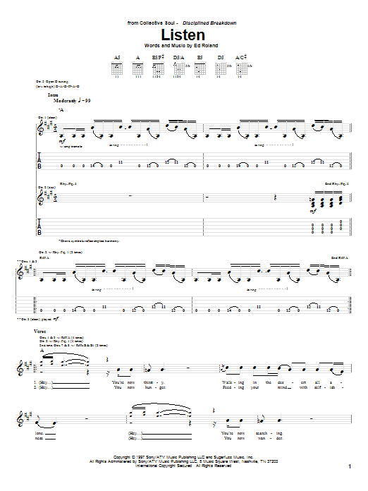 Collective Soul Listen Sheet Music Notes & Chords for Guitar Tab - Download or Print PDF Collective Soul Listen Sheet Music Notes & Chords for Guitar Tab - Download or Print PDF