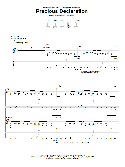 Collective Soul Precious Declaration Sheet Music Notes & Chords for Guitar Tab - Download or Print PDF