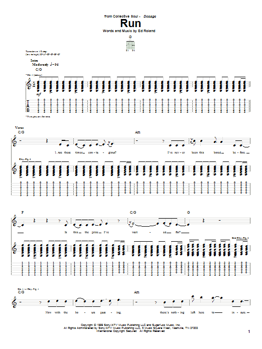 Collective Soul Run Sheet Music Notes & Chords for Guitar Tab - Download or Print PDF