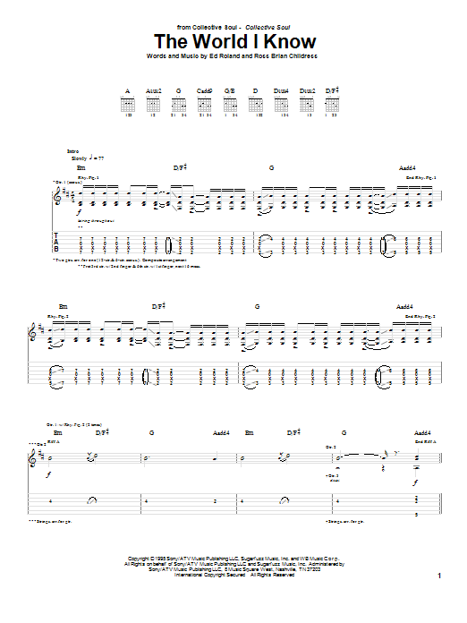 Collective Soul The World I Know Sheet Music Notes & Chords for Easy Guitar Tab - Download or Print PDF