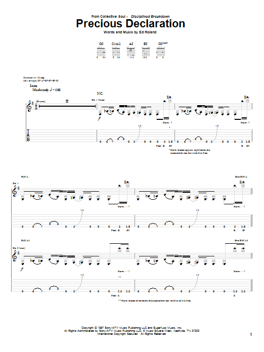 Preview Collective Soul Precious Declaration Rock sheet music, notes and chords for Guitar Tab, SKU: 64317 Precious Declaration sheet music