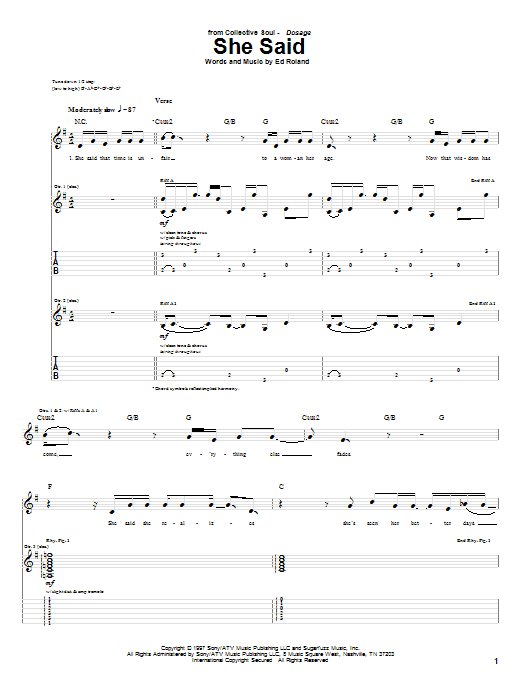 Preview Collective Soul She Said Rock sheet music, notes and chords for Guitar Tab, SKU: 64315 She Said sheet music