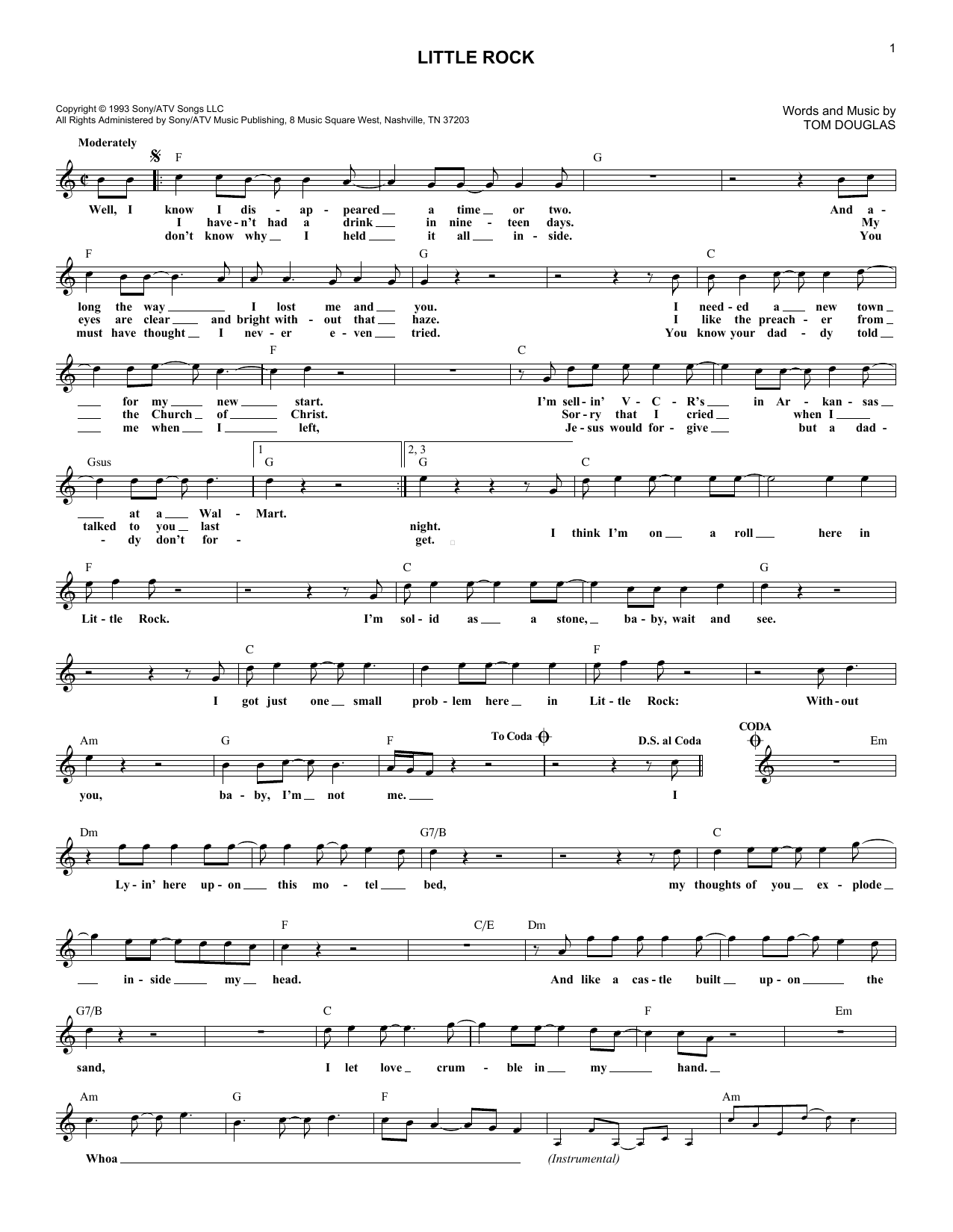 Collin Raye Little Rock Sheet Music Notes & Chords for Melody Line, Lyrics & Chords - Download or Print PDF