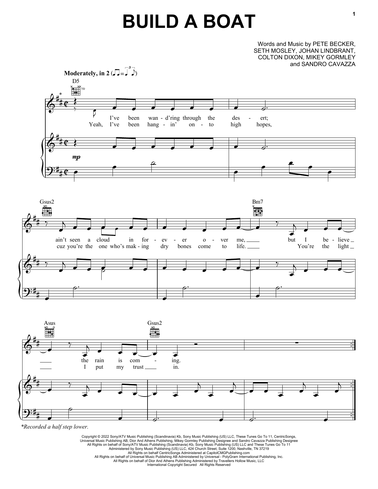 Colton Dixon Build A Boat Sheet Music Notes & Chords for Piano, Vocal & Guitar Chords (Right-Hand Melody) - Download or Print PDF