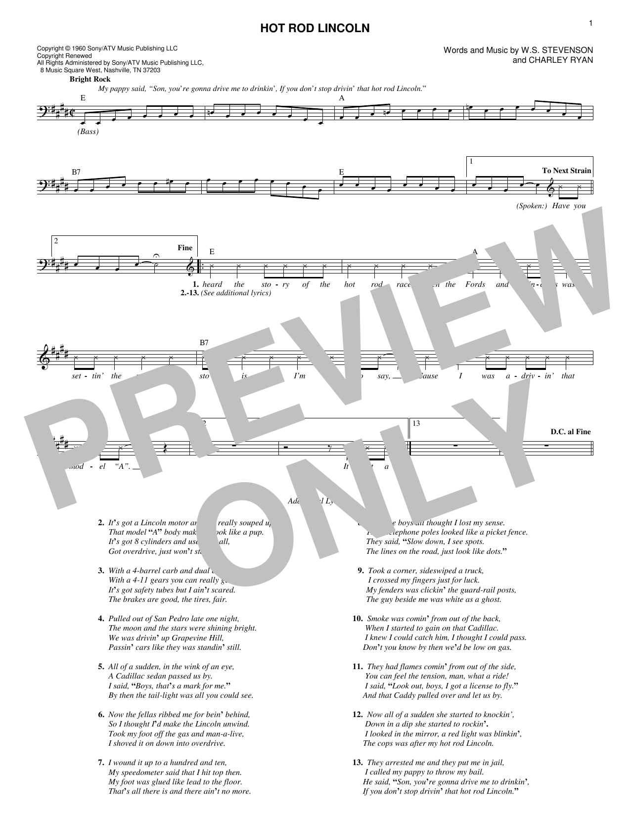 Commander Cody Hot Rod Lincoln Sheet Music Notes & Chords for Melody Line, Lyrics & Chords - Download or Print PDF