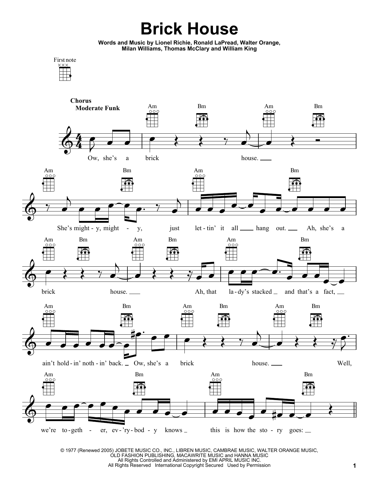 Commodores Brick House Sheet Music Notes & Chords for Ukulele - Download or Print PDF