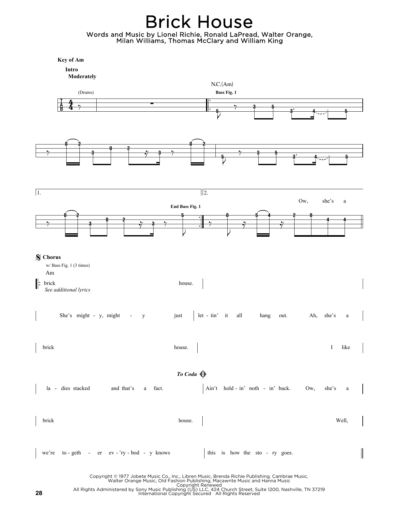 Commodores Brick House Sheet Music Notes & Chords for Guitar Tab - Download or Print PDF