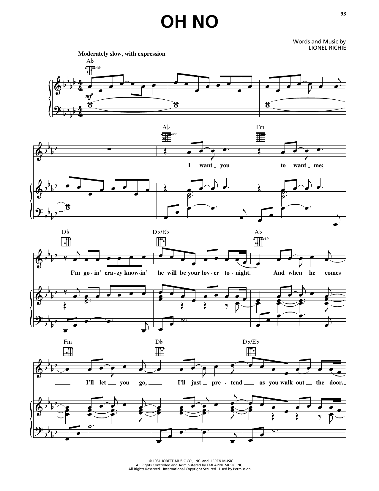 Commodores Oh No Sheet Music Notes & Chords for Piano, Vocal & Guitar Chords (Right-Hand Melody) - Download or Print PDF