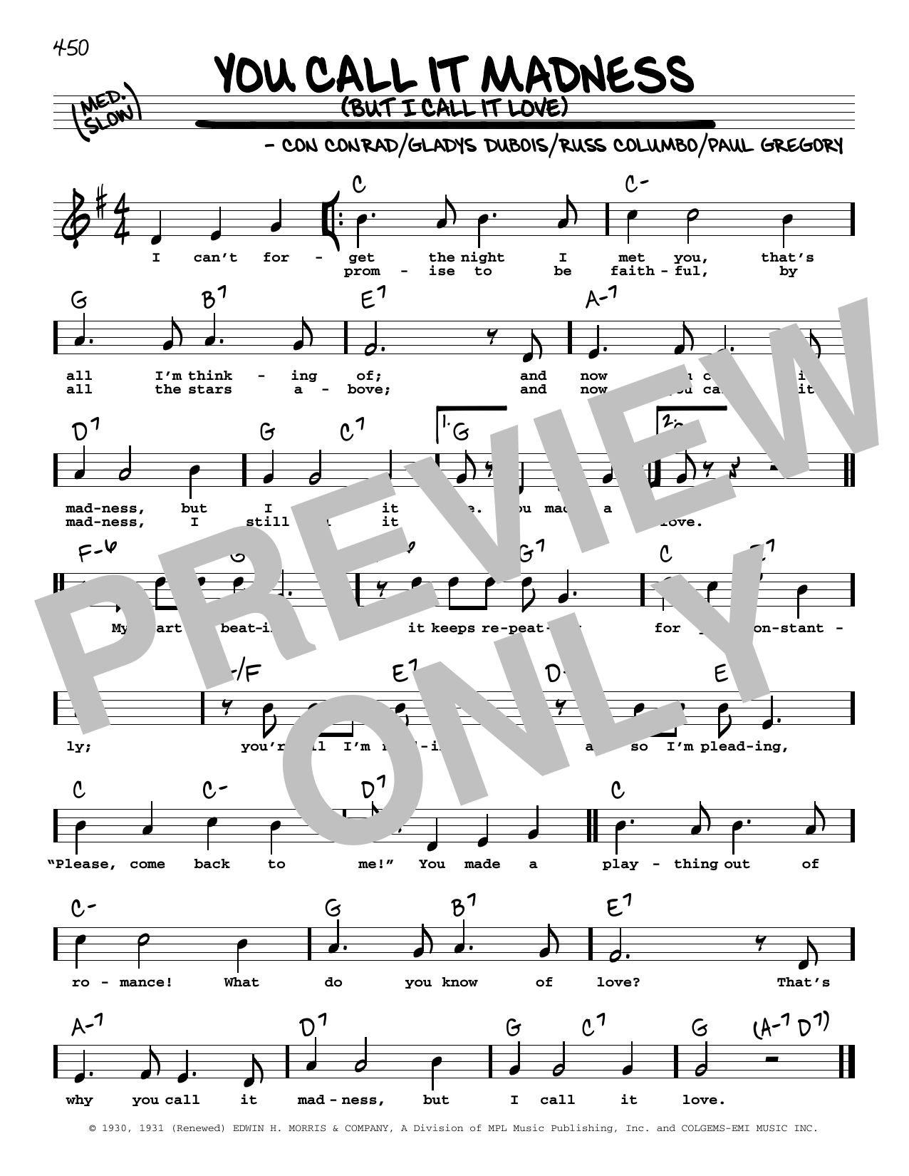Con Conrad You Call It Madness (But I Call It Love) (High Voice) Sheet Music Notes & Chords for Real Book – Melody, Lyrics & Chords - Download or Print PDF
