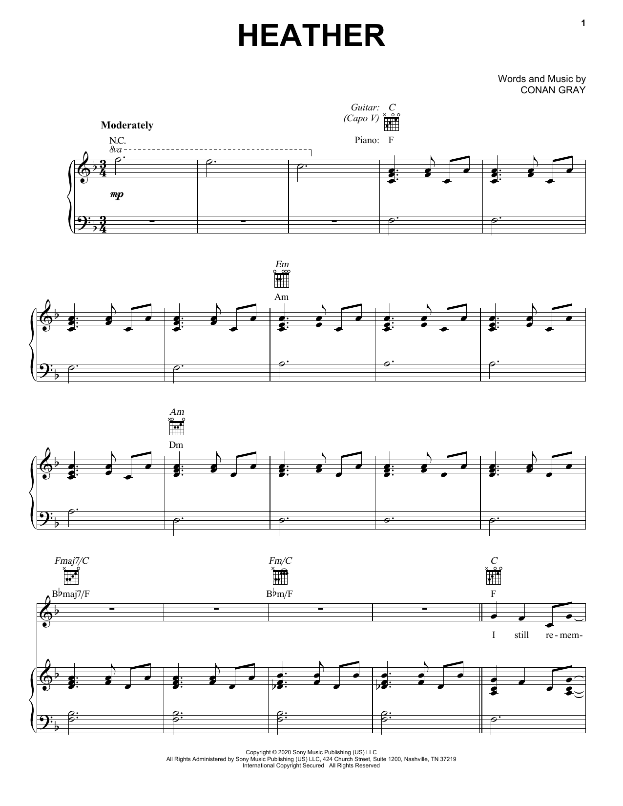 Conan Gray Heather Sheet Music Notes & Chords for Piano, Vocal & Guitar (Right-Hand Melody) - Download or Print PDF