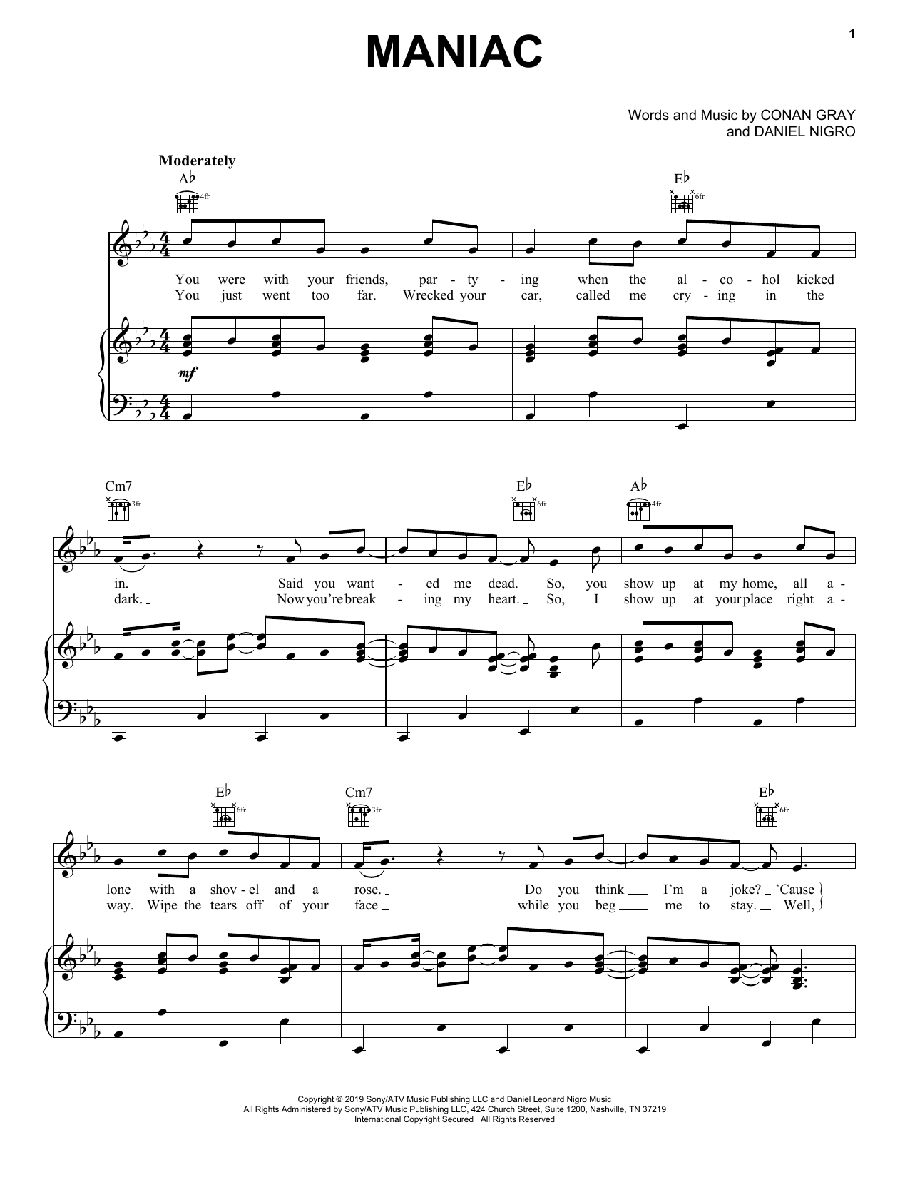 Conan Gray Maniac Sheet Music Notes & Chords for Easy Piano - Download or Print PDF