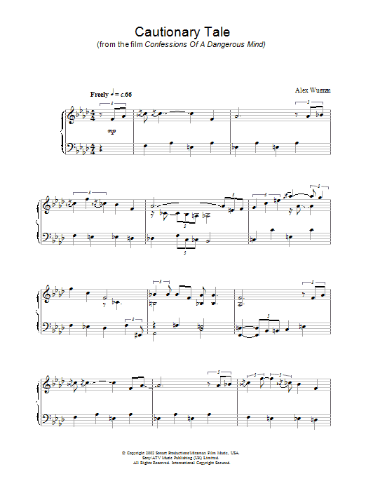 Alex Wurman Cautionary Tale (from Confessions Of A Dangerous Mind) Sheet Music Notes & Chords for Piano - Download or Print PDF