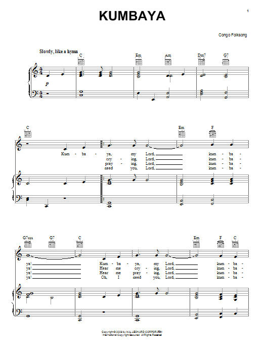 Congan Folksong Kumbaya Sheet Music Notes & Chords for Piano, Vocal & Guitar (Right-Hand Melody) - Download or Print PDF