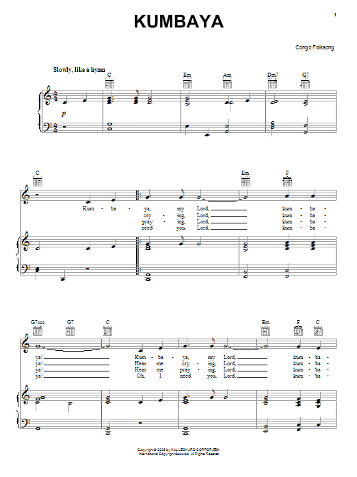 Congan Folksong Kumbaya Sheet Music Notes & Chords for Easy Piano - Download or Print PDF