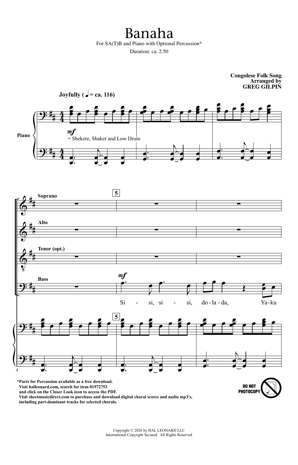 Congolese Folk Song Banaha Sheet Music Notes & Chords for SATB Choir - Download or Print PDF