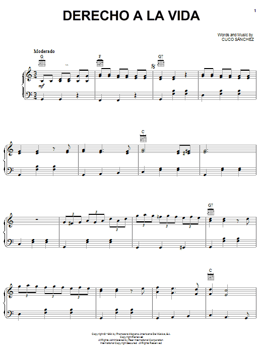 Conjunto Primavera Derecho A La Vida Sheet Music Notes & Chords for Piano, Vocal & Guitar (Right-Hand Melody) - Download or Print PDF