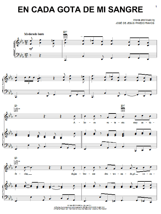 Conjunto Primavera En Cada Gota De Mi Sangre Sheet Music Notes & Chords for Piano, Vocal & Guitar (Right-Hand Melody) - Download or Print PDF