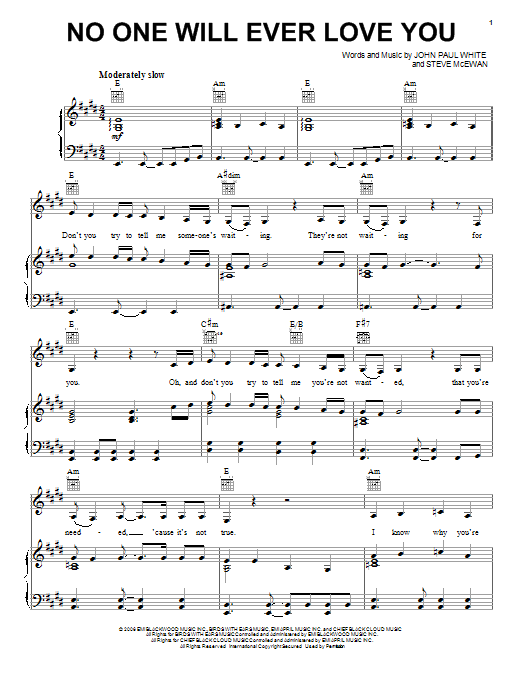 Connie Britton and Charles Esten No One Will Ever Love You Sheet Music Notes & Chords for Piano, Vocal & Guitar (Right-Hand Melody) - Download or Print PDF