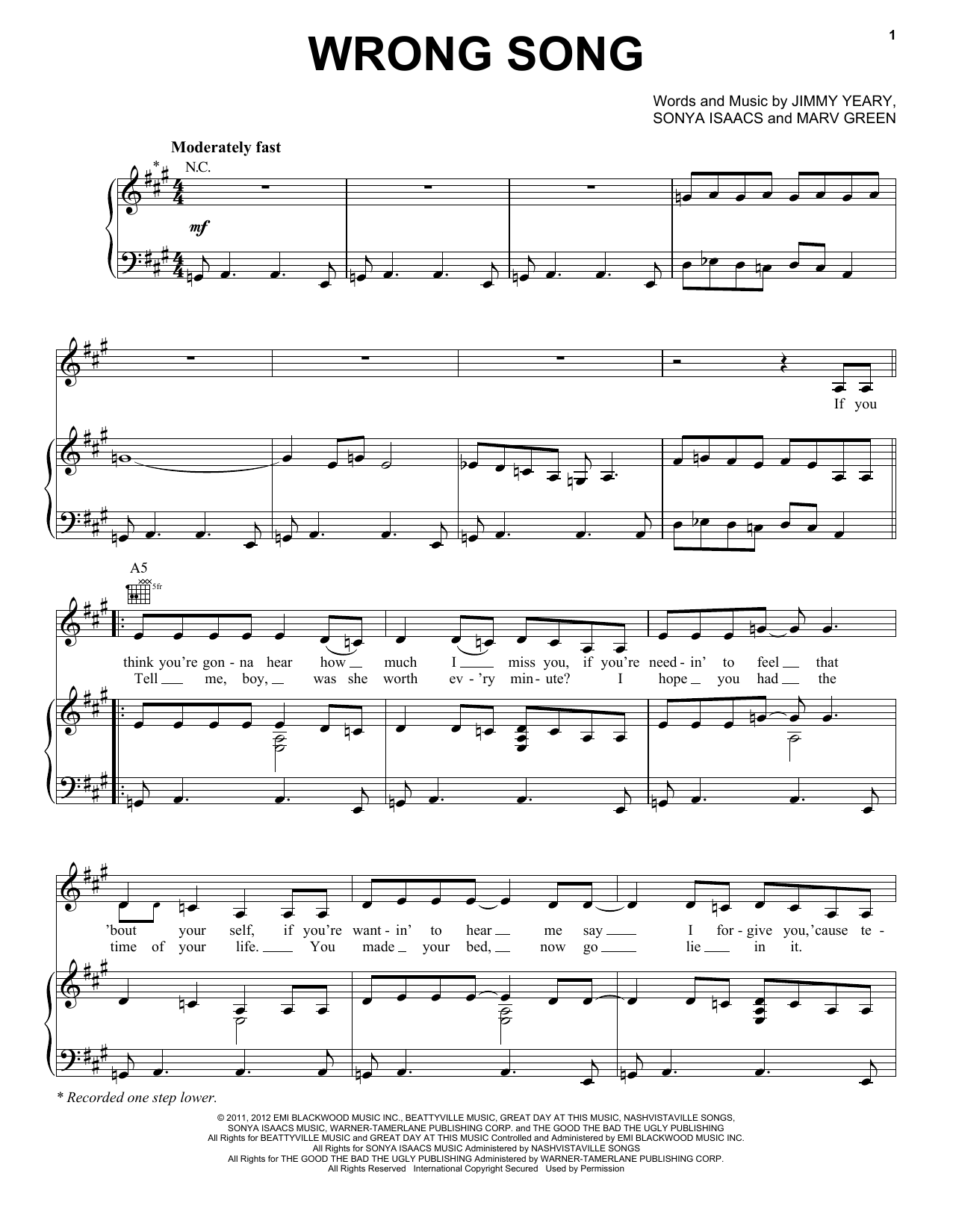 Connie Britton and Hayden Panettiere Wrong Song Sheet Music Notes & Chords for Piano, Vocal & Guitar (Right-Hand Melody) - Download or Print PDF