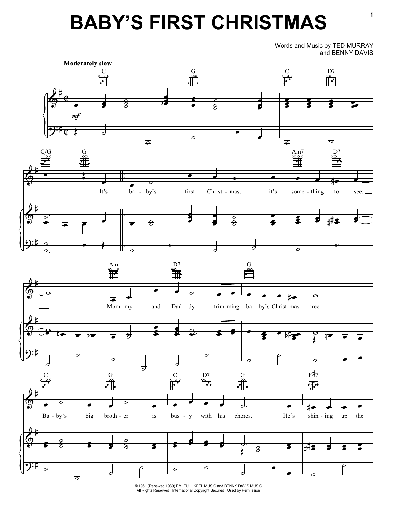 Connie Francis Baby's First Christmas Sheet Music Notes & Chords for Piano, Vocal & Guitar (Right-Hand Melody) - Download or Print PDF