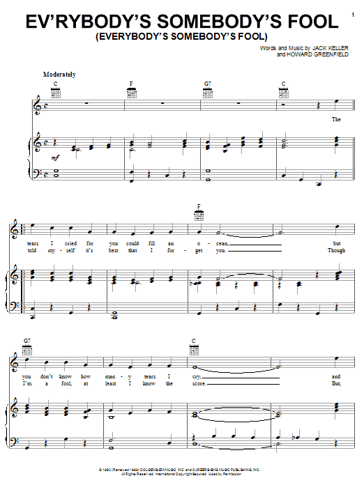 Connie Francis Ev'rybody's Somebody's Fool (Everybody's Somebody's Fool) Sheet Music Notes & Chords for Piano, Vocal & Guitar (Right-Hand Melody) - Download or Print PDF