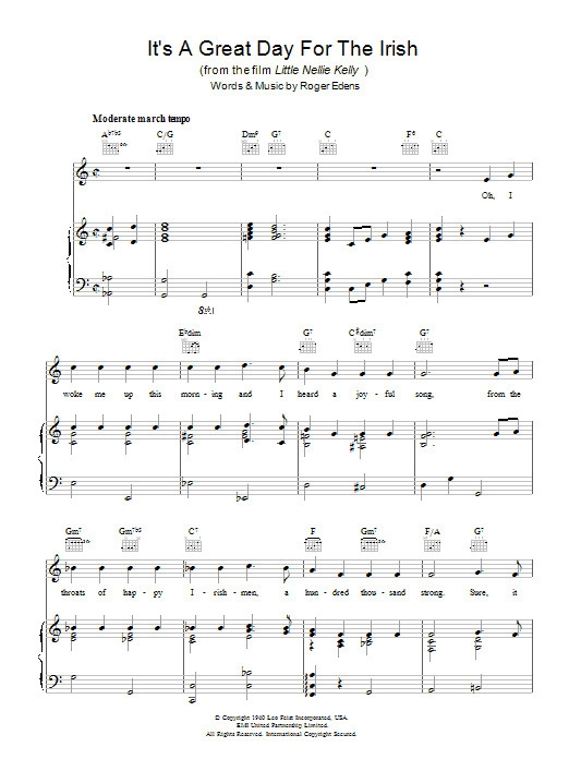 Connie Francis It's A Great Day For The Irish Sheet Music Notes & Chords for Piano, Vocal & Guitar (Right-Hand Melody) - Download or Print PDF