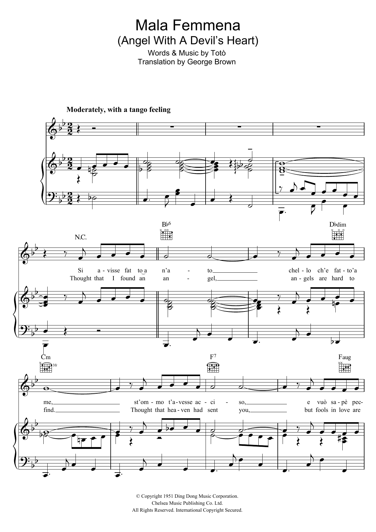 Connie Francis Mala Femmena Sheet Music Notes & Chords for Piano, Vocal & Guitar (Right-Hand Melody) - Download or Print PDF