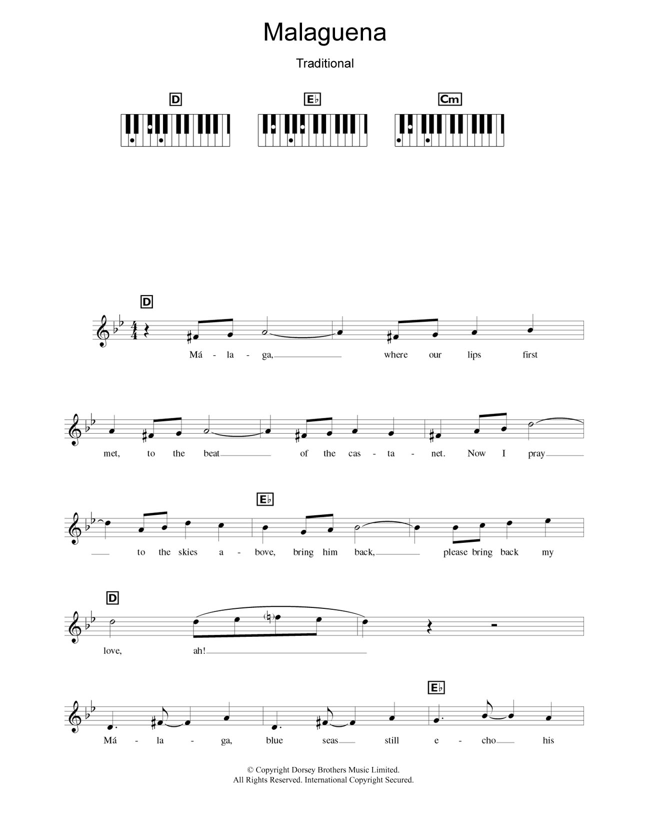 Connie Francis Malaguena Sheet Music Notes & Chords for Piano Chords/Lyrics - Download or Print PDF