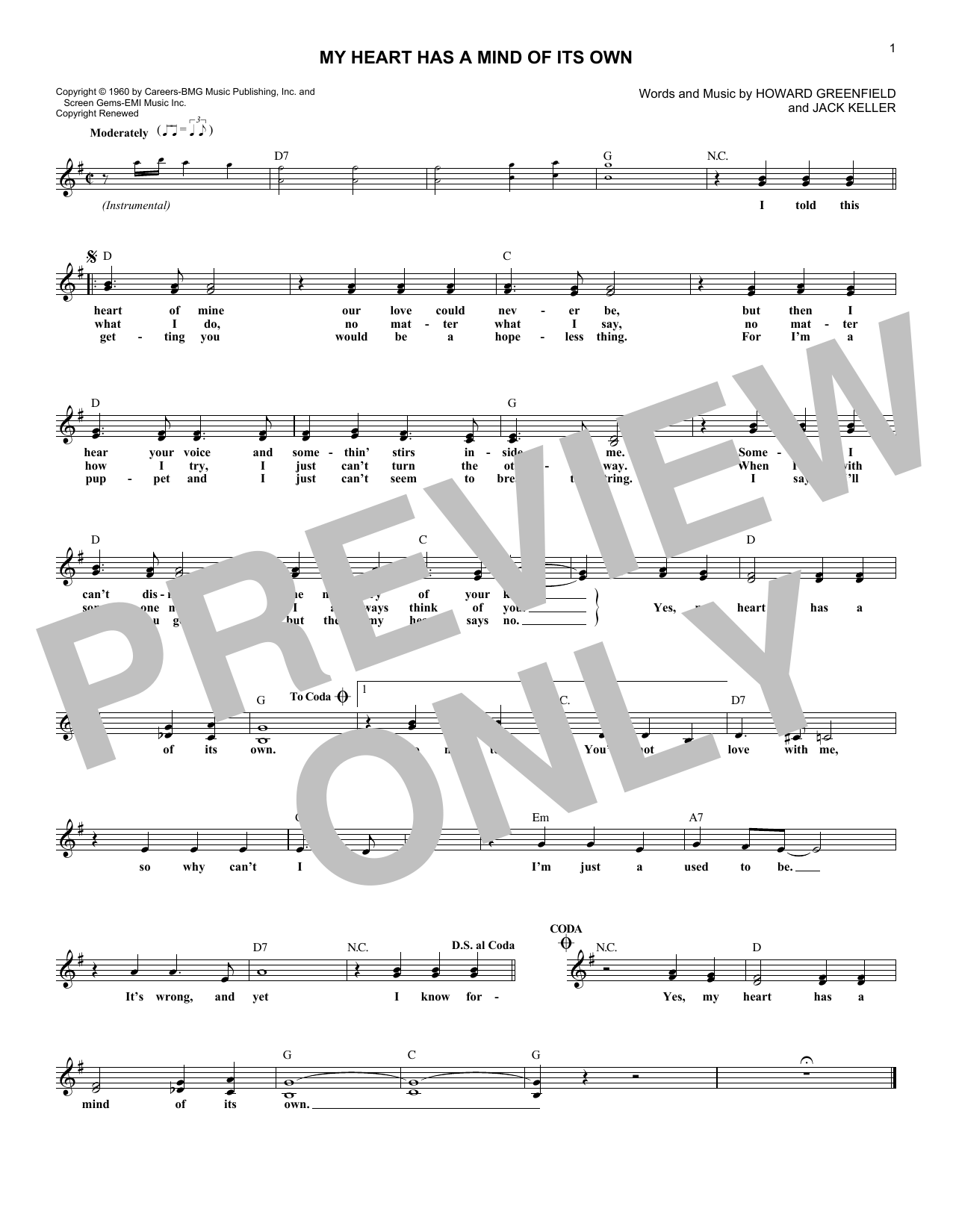 Connie Francis My Heart Has A Mind Of Its Own Sheet Music Notes & Chords for Melody Line, Lyrics & Chords - Download or Print PDF Connie Francis My Heart Has A Mind Of Its Own Sheet Music Notes & Chords for Melody Line, Lyrics & Chords - Download or Print PDF