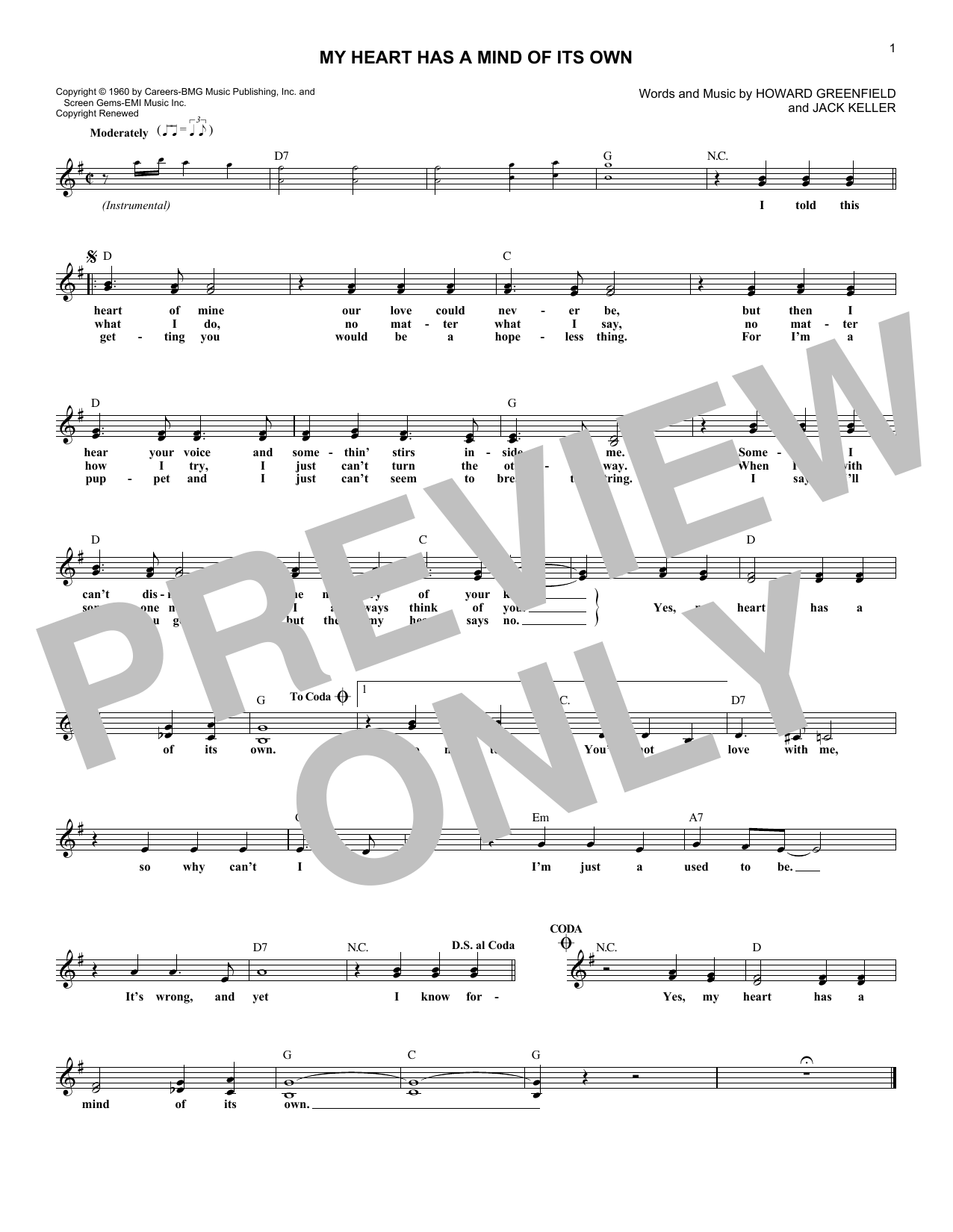 Connie Francis My Heart Has A Mind Of Its Own Sheet Music Notes & Chords for Melody Line, Lyrics & Chords - Download or Print PDF