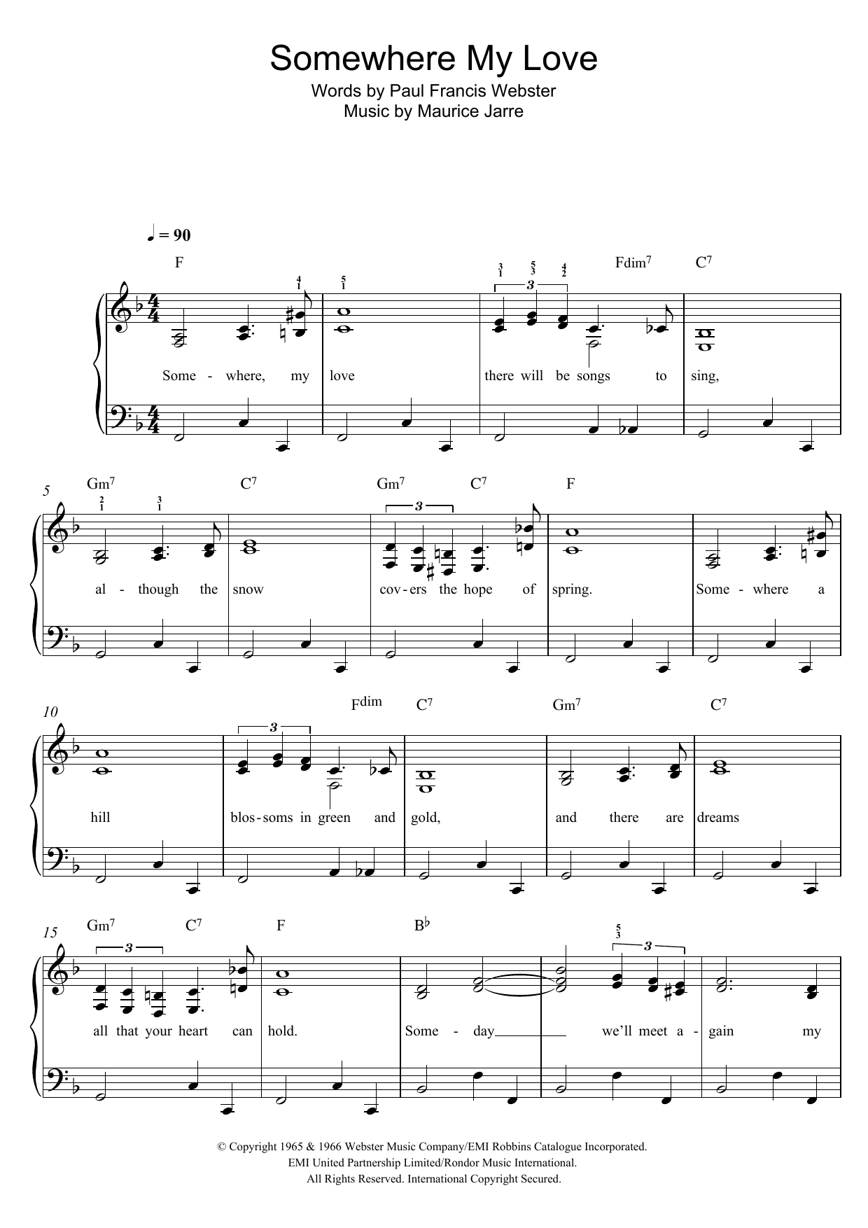 Connie Francis Somewhere My Love (Lara's Theme) Sheet Music Notes & Chords for Easy Piano - Download or Print PDF