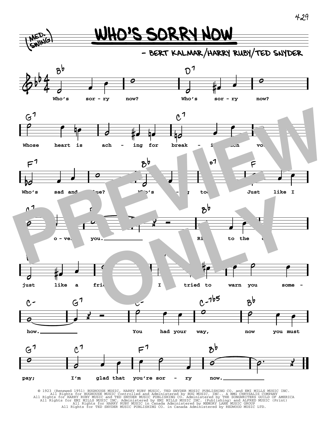 Connie Francis Who's Sorry Now (High Voice) Sheet Music Notes & Chords for Real Book – Melody, Lyrics & Chords - Download or Print PDF