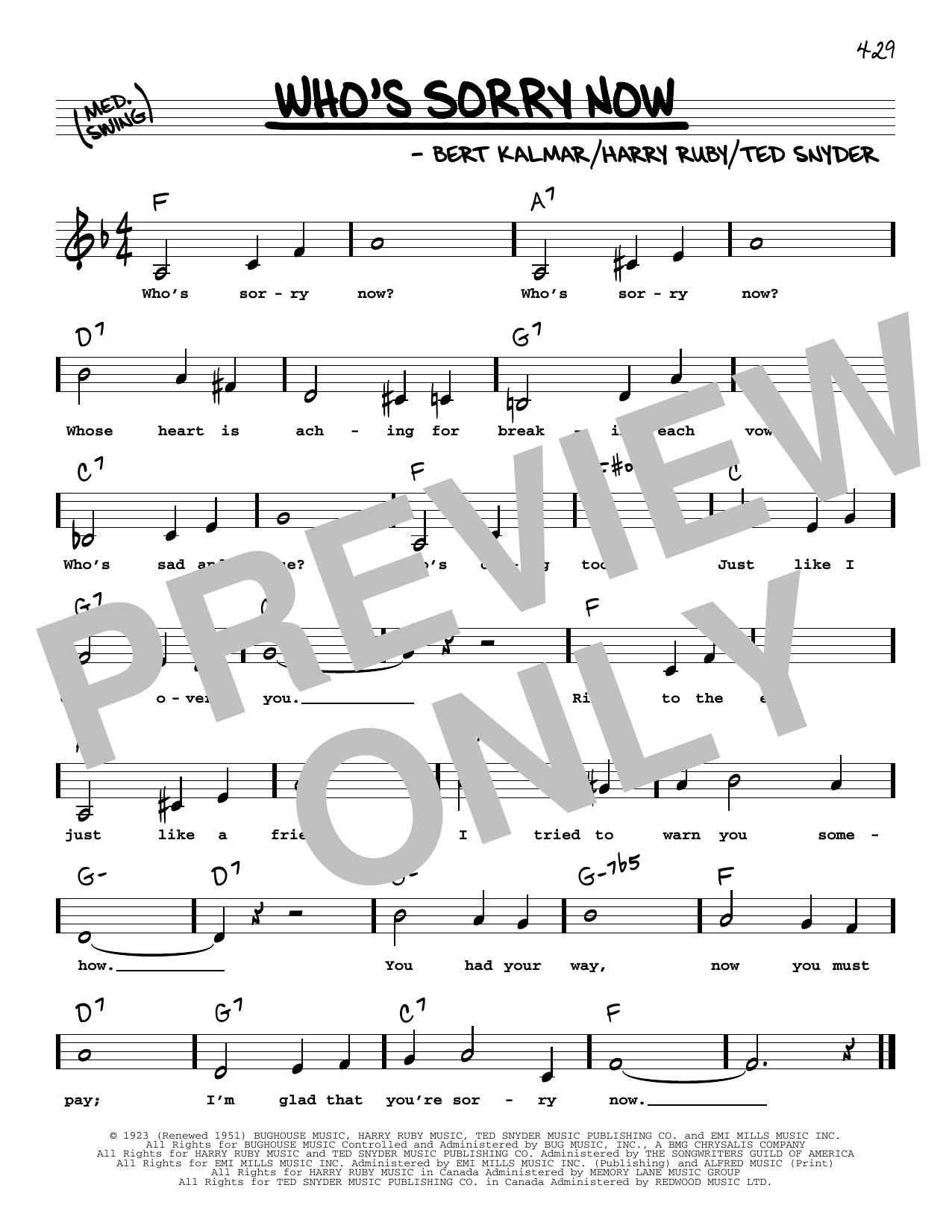 Connie Francis Who's Sorry Now (Low Voice) Sheet Music Notes & Chords for Real Book – Melody, Lyrics & Chords - Download or Print PDF
