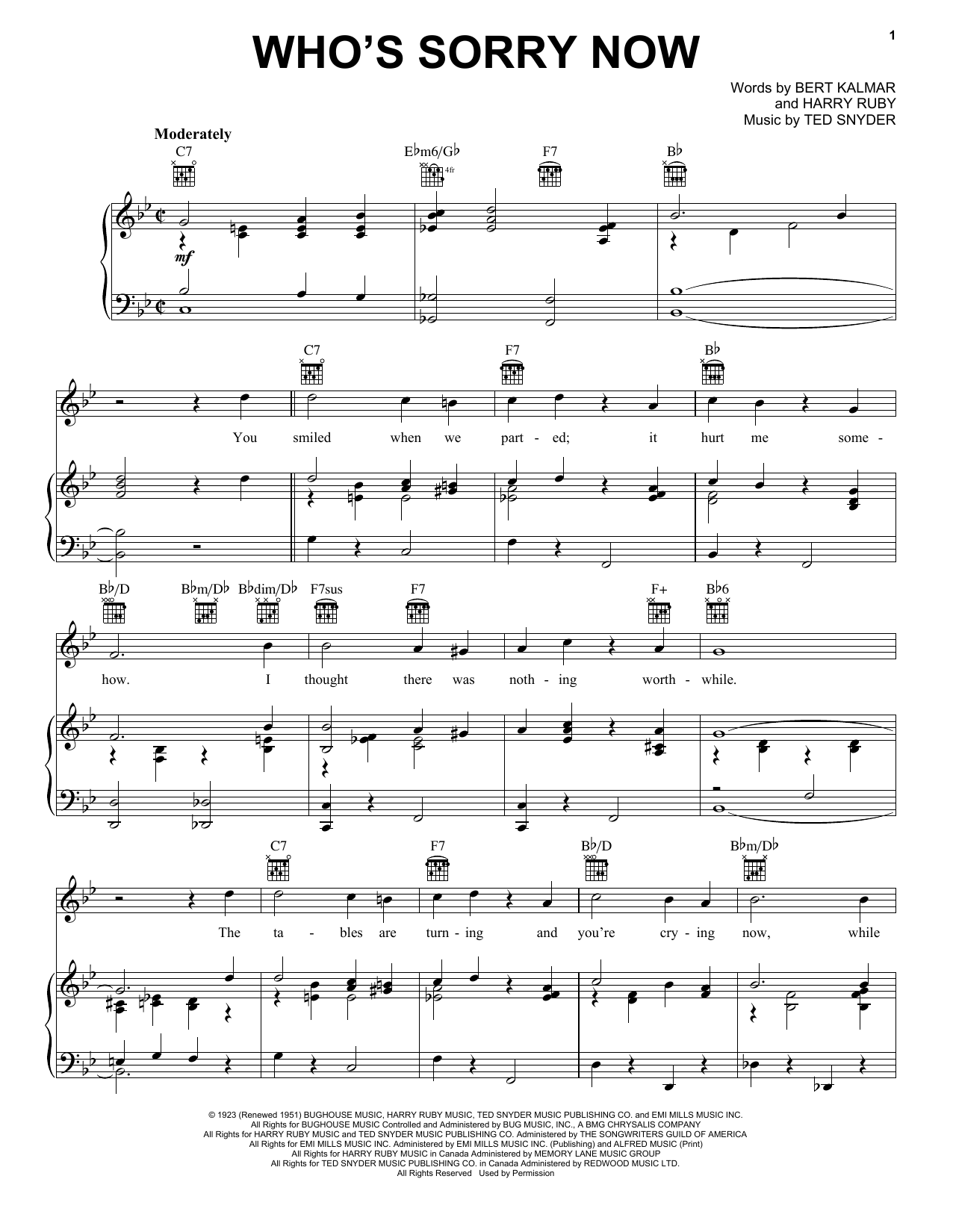 Connie Francis Who's Sorry Now Sheet Music Notes & Chords for Melody Line, Lyrics & Chords - Download or Print PDF