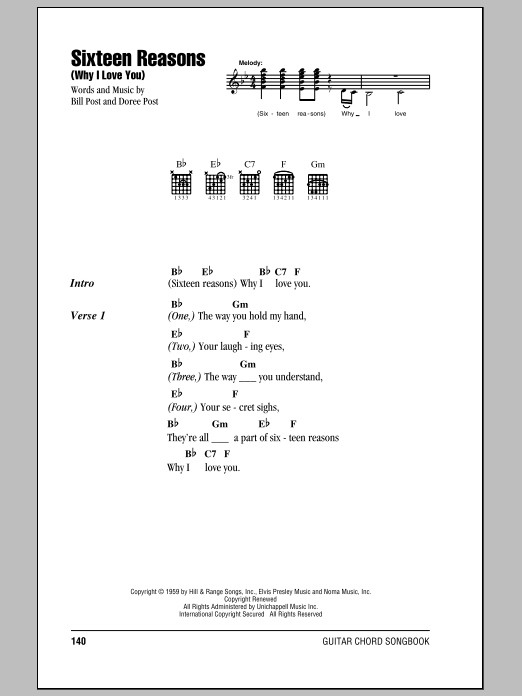 Connie Stevens Sixteen Reasons (Why I Love You) Sheet Music Notes & Chords for Lyrics & Chords - Download or Print PDF