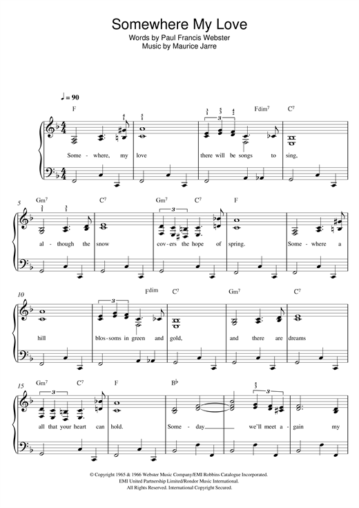Connie Francis Somewhere My Love (Lara's Theme) Sheet Music Notes & Chords for Easy Piano - Download or Print PDF