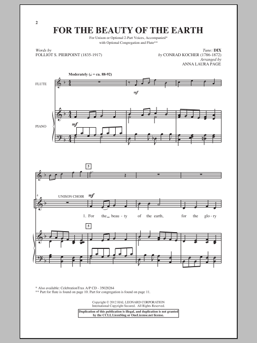 Conrad Kocher For The Beauty Of The Earth (arr. Anna Laura Page) Sheet Music Notes & Chords for 2-Part Choir - Download or Print PDF