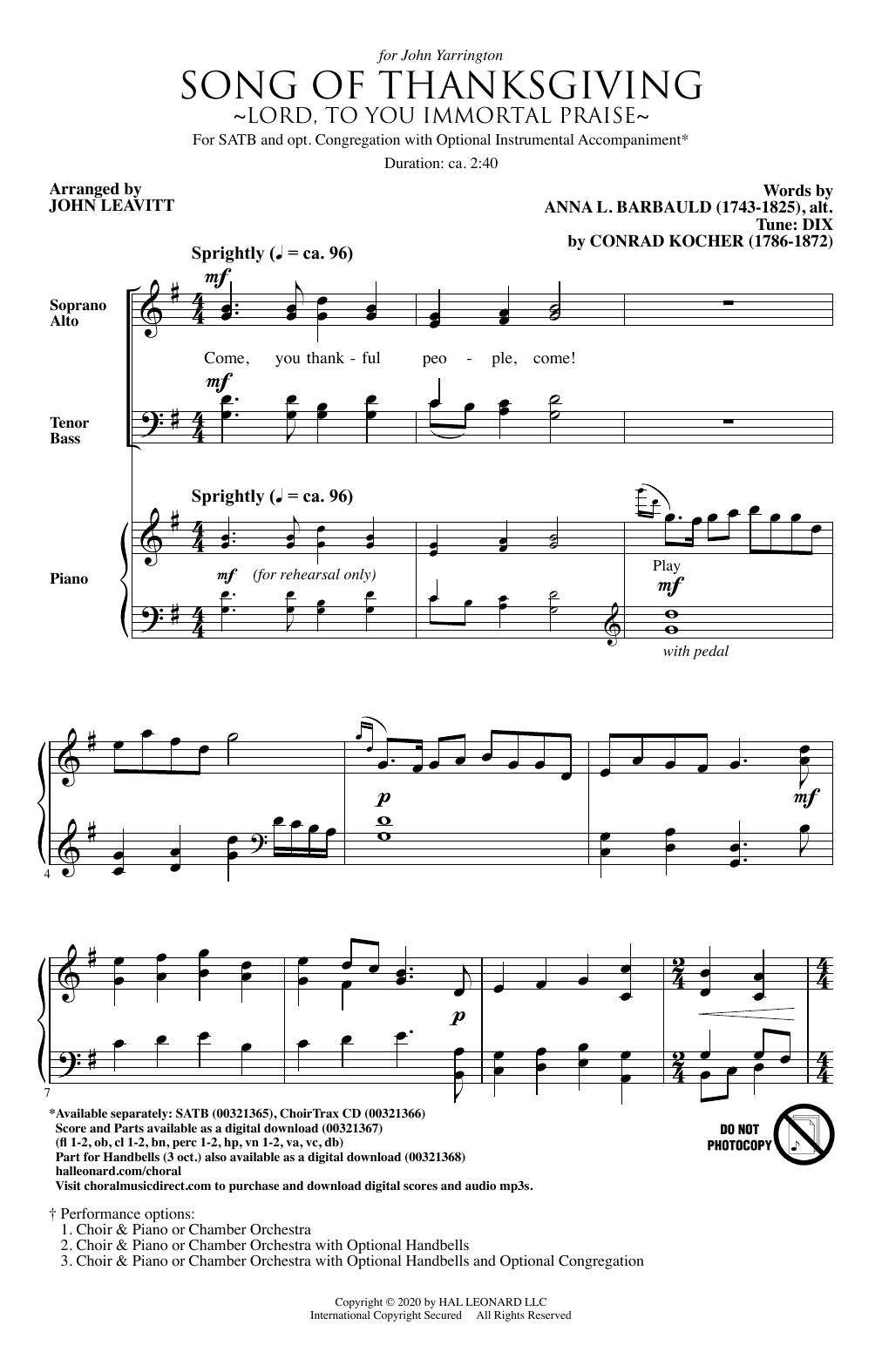 Conrad Kocher Song Of Thanksgiving (arr. John Leavitt) Sheet Music Notes & Chords for SATB Choir - Download or Print PDF