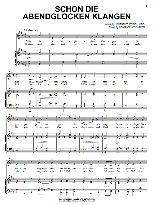 Conradin Kreutzer Schon Die Abendglocken Klangen Sheet Music Notes & Chords for Piano, Vocal & Guitar (Right-Hand Melody) - Download or Print PDF