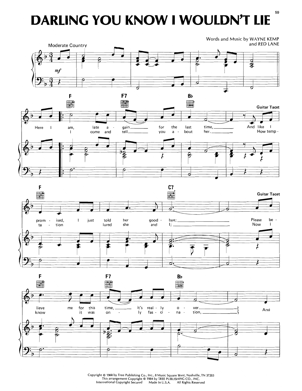 Conway Twitty Darling You Know I Wouldn't Lie Sheet Music Notes & Chords for Piano, Vocal & Guitar Chords (Right-Hand Melody) - Download or Print PDF