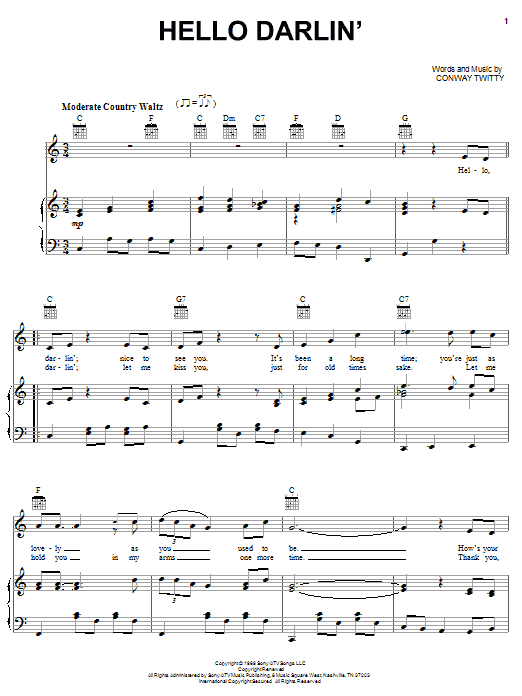 Conway Twitty Hello Darlin' Sheet Music Notes & Chords for Easy Guitar Tab - Download or Print PDF