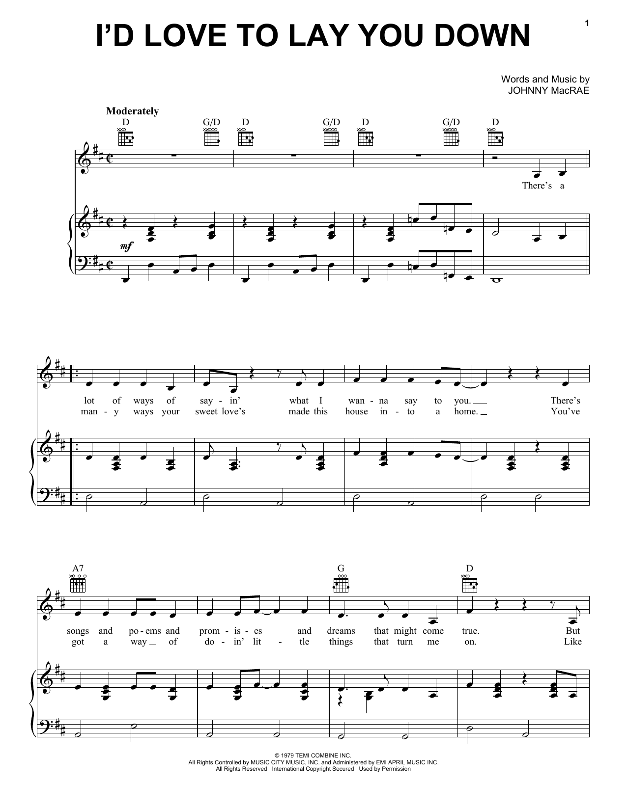 Conway Twitty I'd Love To Lay You Down Sheet Music Notes & Chords for Melody Line, Lyrics & Chords - Download or Print PDF