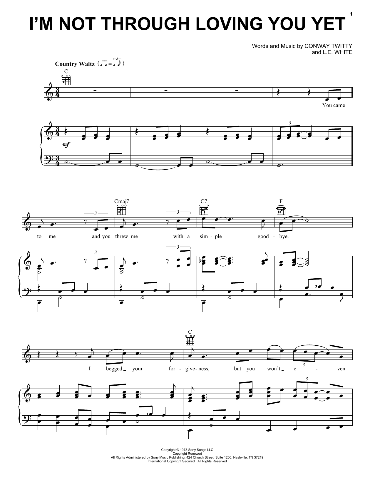 Conway Twitty I'm Not Through Loving You Yet Sheet Music Notes & Chords for Piano, Vocal & Guitar Chords (Right-Hand Melody) - Download or Print PDF