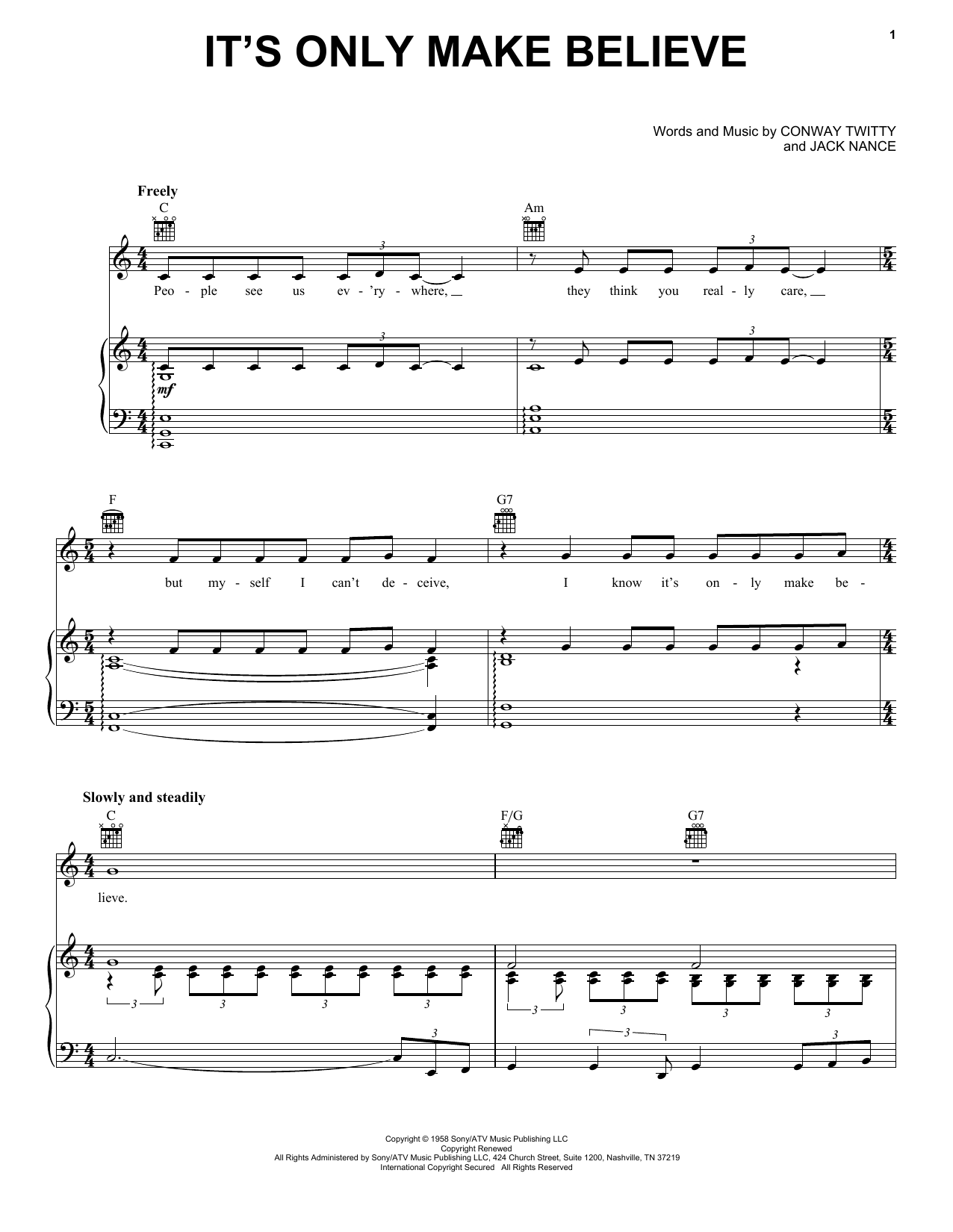 Conway Twitty It's Only Make Believe Sheet Music Notes & Chords for Melody Line, Lyrics & Chords - Download or Print PDF