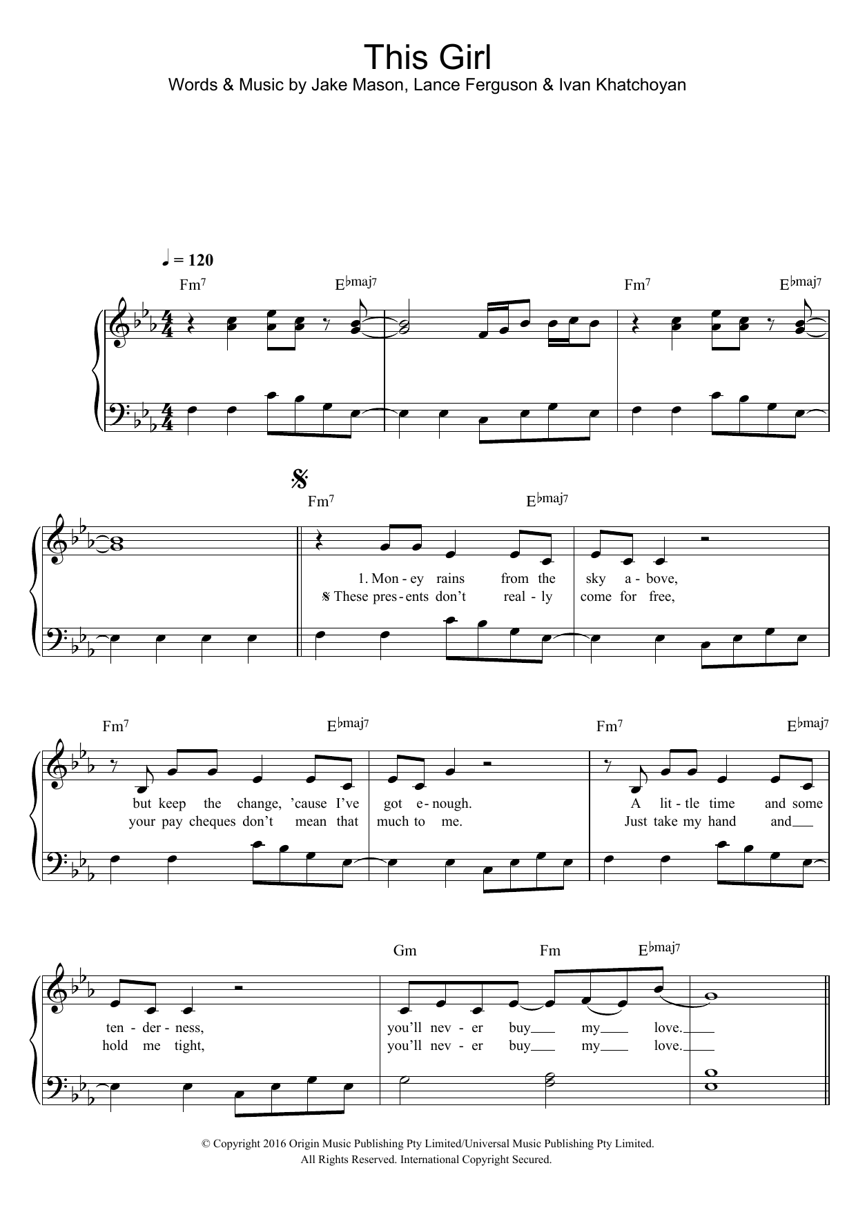 Kungs vs Cookin’ on 3 Burners This Girl Sheet Music Notes & Chords for Easy Piano - Download or Print PDF