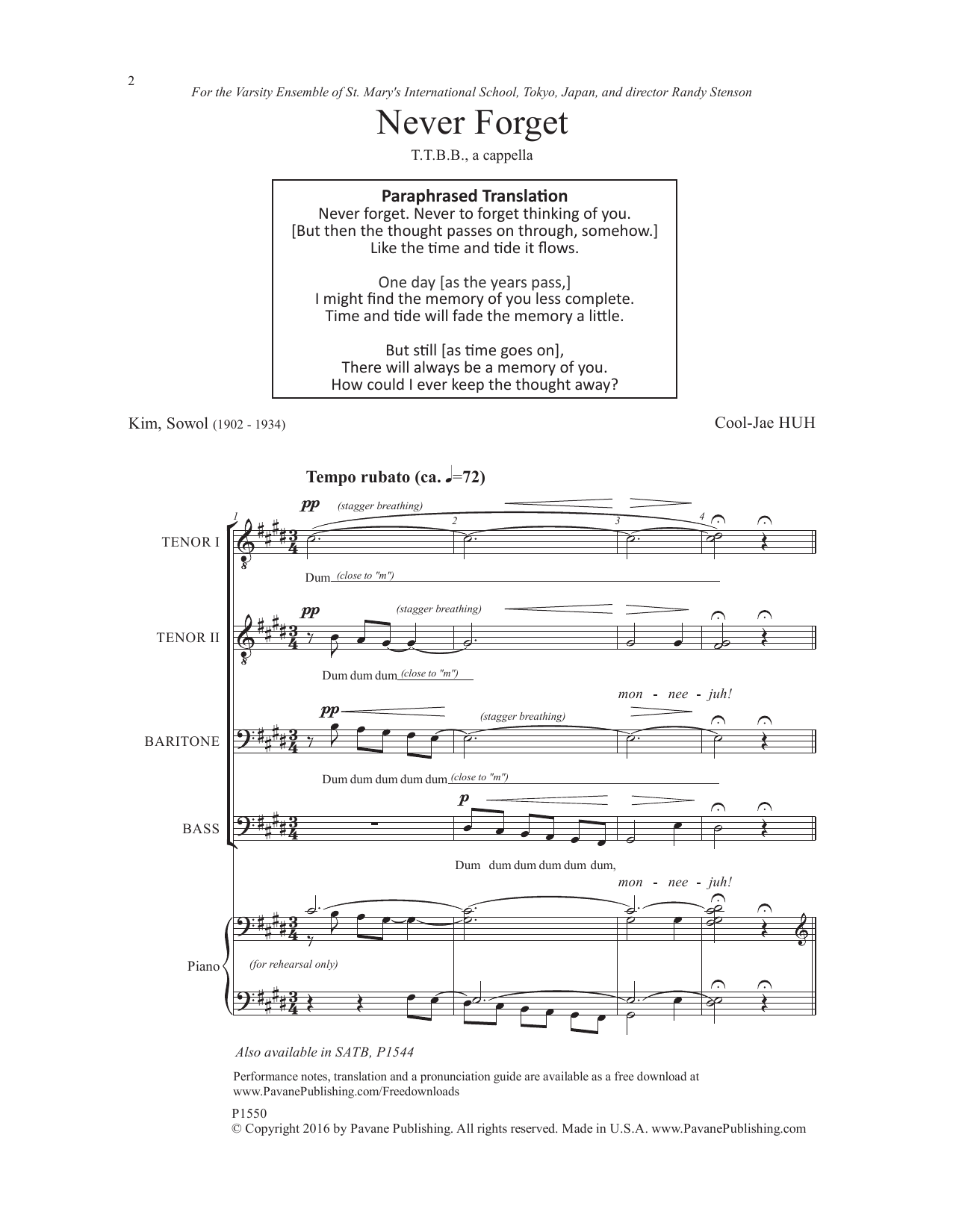 Cool-Jae Huh Never Forget Sheet Music Notes & Chords for Choral - Download or Print PDF